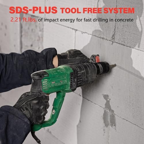 1 SDS Plus Lightweight Rotary Hammer Drill  9 Amp 4 Functions Corded Variable Speed Rotomartillo with Safety Clutch for Concrete  Includes 3 Drill Bits 2 Chisels Carrying Case