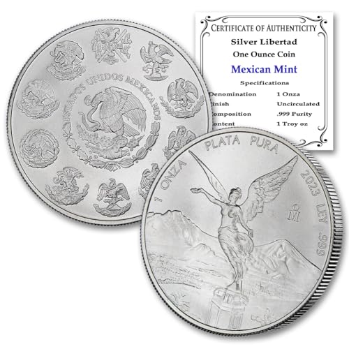 2023 1 oz Mexican Silver Libertad Brilliant Uncirculated Coin with Certificate of Authenticity - Moneda de Plata Pura de Ley 1 Onza BU