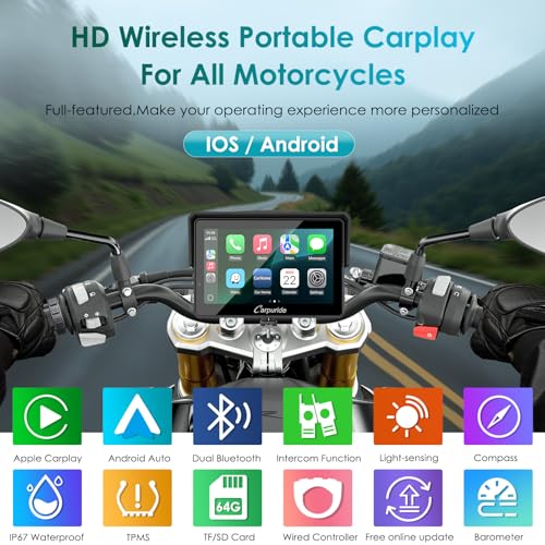 2025 Carpuride W502S Motorcycle GPS Wireless Carplay/Android Auto  5 Waterproof Motorbike Touch Screen  with BM05 Mount  Bluetooth Trans  Wired Controller  Navigation