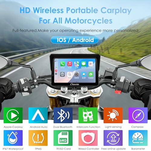2025 Carpuride W702S PRO Motorcycle GPS Wireless Carplay/Android Auto  7 Waterproof Motorbike Touch Screen  with BM05 Mount  Bluetooth Trans  Wired Controller  Navigation