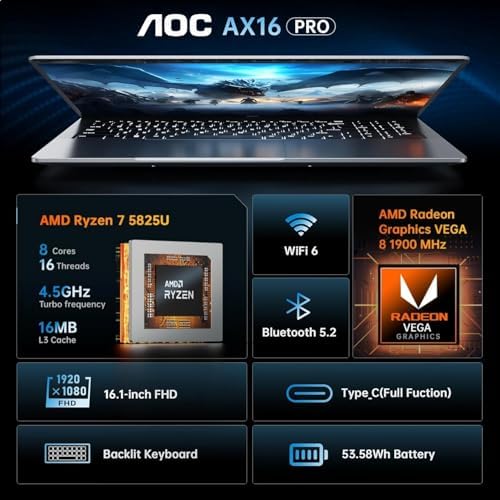 2025 Laptop with AMD Ryzen 7 5700U Processor 8C/16T  Up to 4 3GHz   16 1  FHD Display Laptop Computer with Backlit Keyboard  16GB RAM 512GB NVMe SSD  WiFi 6  HDMI  USB3 2  Type C  53Wh Battery