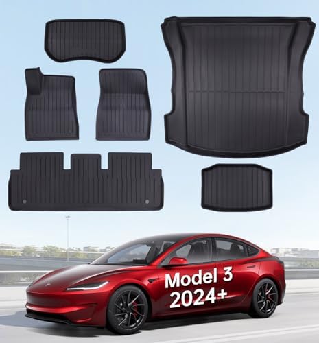 2025 New Version Floor Mats for Model 3 Highland   Full Set All Weather TPE Front  Rear  Cargo & Sub Trunk Mats  6 Piece Custom Fit