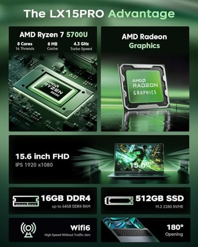2026 AMD Gaming Laptop with Ryzen 7 5700U Processor 8C/16T  Up to 4 3GHz   AMD Radeon  Graphics  16GB RAM 512GB NVMe SSD  15 6  FHD Display Laptop with BK  WiFi 6  HDMI  Type C  Webcam Cover Slide