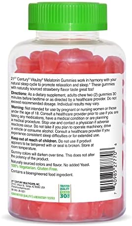 21st Century VitaJoy Melatonin 5mg Gummies  120 Count   Strawberry Flavor Chewable Sleep Aid for Adults  Promotes Relaxation and Restful Sleep  Non Habit Forming  Gluten Free