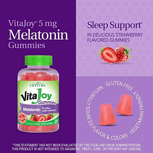 21st Century VitaJoy Melatonin 5mg Gummies  120 Count   Strawberry Flavor Chewable Sleep Aid for Adults  Promotes Relaxation and Restful Sleep  Non Habit Forming  Gluten Free