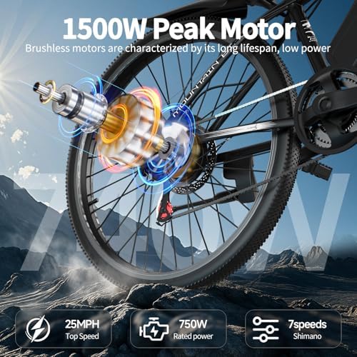 26 Electric Bike for Adults  1500W Peak Motor Mountain Ebike  28MPH Up to 65 Miles  UL2849 Certified  7 Speed  Removable Battery  Shock Absorber  Fat Tire Commuter E Bike