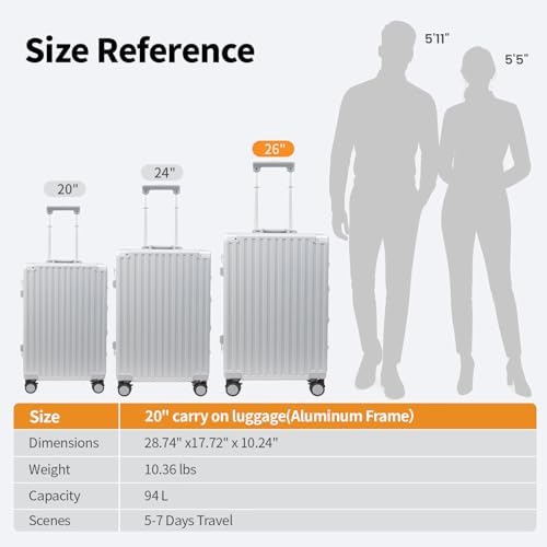 26 Inch Checked Luggage with Spinner Wheels  No Zipper Aluminum Frame Hard Shell Suitcases with TSA Lock  PC ABS Lightweight Large Suitcase for Travel  Silver 