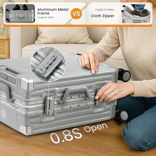 26 Inch Checked Luggage with Spinner Wheels  No Zipper Aluminum Frame Hard Shell Suitcases with TSA Lock  PC ABS Lightweight Large Suitcase for Travel  Silver 