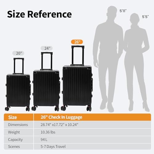 26 Inch Checked Luggage with Spinner Wheels  No Zipper Aluminum Frame Hard Shell Suitcases with TSA Lock  PC ABS Lightweight Large Suitcase for Travel  Black 