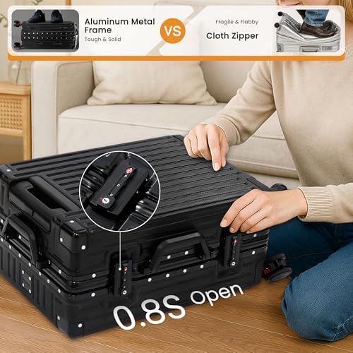 26 Inch Checked Luggage with Spinner Wheels  No Zipper Aluminum Frame Hard Shell Suitcases with TSA Lock  PC ABS Lightweight Large Suitcase for Travel  Black 