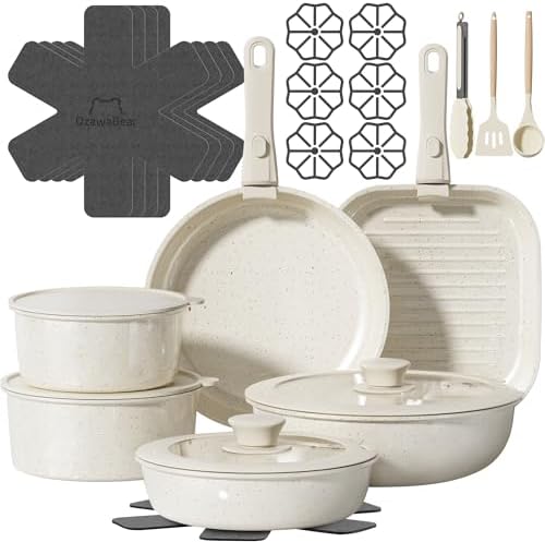 26 Pcs Pots and Pans Set Non Stick  Ceramic Cookware Set Non Toxic with Detachable Handles  Healthy Induction Cookware Oven Safe RV Kitchen Set  PFAS PFOA & PTFE Free  Cream White
