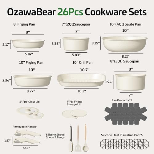 26 Pcs Pots and Pans Set Non Stick  Ceramic Cookware Set Non Toxic with Detachable Handles  Healthy Induction Cookware Oven Safe RV Kitchen Set  PFAS PFOA & PTFE Free  Cream White