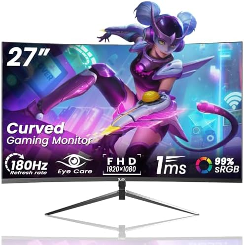 27 Inch Curved Gaming Monitor FHD 1080p 180Hz  1800R Curvature  1ms Response Time  AMD FreeSync Support VESA  DP  HDMI Port VA Screen for Gaming Home Office