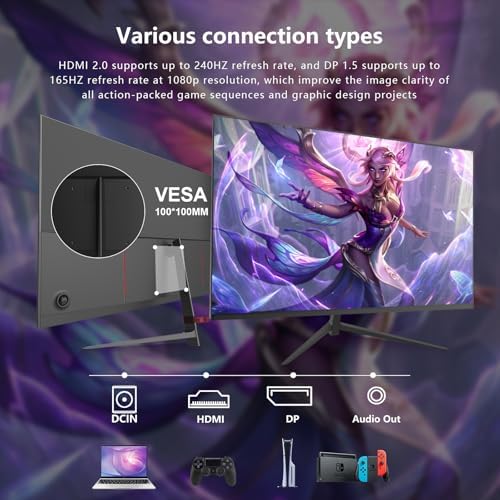 27 inch Gaming Monitor 1920x1080p 180Hz  FHD  GTG Vertical with Freesync Eye Care Technology HDMI VESA Compatible for Gaming Home Office