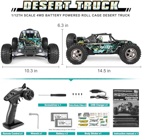 Camión de Control Remoto 2995 Escala 1:12 RC Buggy Motor 550 Versión Mejorada 42KM/H Alta Velocidad Coches RC, Eléctrico 4X4 Todoterreno Camiones RC RTR Hobby Ideal para Niños y Adultos 40+ Min de