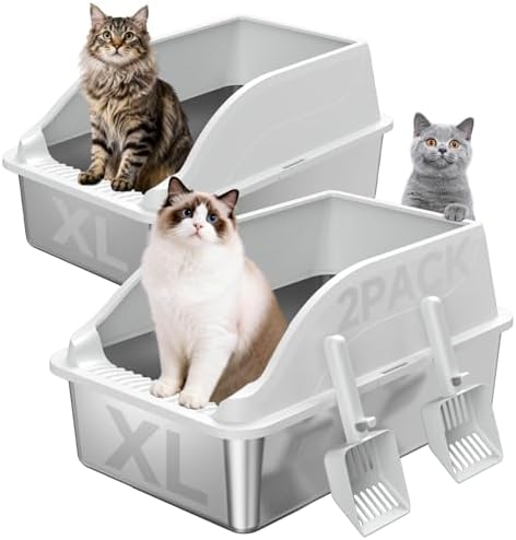 2PACK Stainless Steel Litter Box  Extra Large XL Odor Free Metal Litter Box with High Sides  Open Top Litter Pan Include Scoop Easy Cleaning Anti Scratch Kitty Cat Box Anti Urine Leakage  Non Sticky