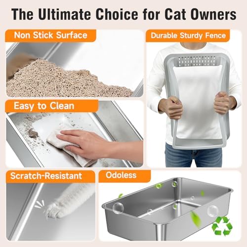 2PACK Stainless Steel Litter Box  Extra Large XL Odor Free Metal Litter Box with High Sides  Open Top Litter Pan Include Scoop Easy Cleaning Anti Scratch Kitty Cat Box Anti Urine Leakage  Non Sticky