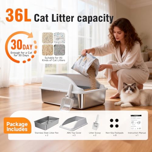 2PACK Stainless Steel Litter Box  Extra Large XL Odor Free Metal Litter Box with High Sides  Open Top Litter Pan Include Scoop Easy Cleaning Anti Scratch Kitty Cat Box Anti Urine Leakage  Non Sticky