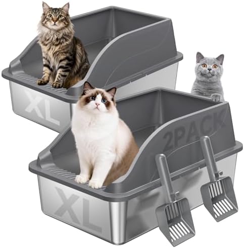 2PACK Stainless Steel Litter Box  Extra Large XL Odor Free Metal Litter Box with High Sides  Open Top Litter Pan Include Scoop Easy Cleaning Anti Scratch Kitty Cat Box Anti Urine Leakage  Non Sticky