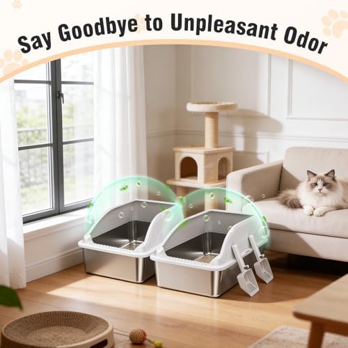 2PACK Stainless Steel Litter Box  Extra Large XL Odor Free Metal Litter Box with High Sides  Open Top Litter Pan Include Scoop Easy Cleaning Anti Scratch Kitty Cat Box Anti Urine Leakage  Non Sticky
