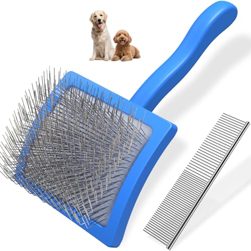2PCS Slicker Brush for Dogs & Pet Comb Professional Dog Grooming Brush  Goldendoodles Poodles Labradoodles  with Extra Long Pins to Effectively Remove Tangles  Knots and Mats  Blue  Large 