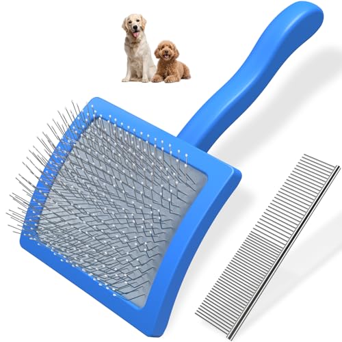 2PCS Slicker Brush for Dogs & Pet Comb Professional Dog Grooming Brush  Goldendoodles Poodles Labradoodles  with Extra Long Pins to Effectively Remove Tangles  Knots and Mats  Blue  Large 