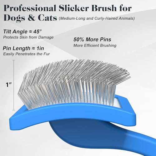 2PCS Slicker Brush for Dogs & Pet Comb Professional Dog Grooming Brush  Goldendoodles Poodles Labradoodles  with Extra Long Pins to Effectively Remove Tangles  Knots and Mats  Blue  Large 