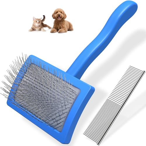 2PCS Slicker Brush for Dogs & Pet Comb Professional Dog Grooming Brush  Goldendoodles Poodles Labradoodles  with Extra Long Pins to Effectively Remove Tangles  Knots and Mats  Blue  Large 