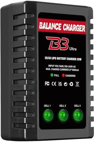 Cargador de batería LiPo 2S-3S, cargador de equilibrio RC AC 7.4-11.1V Versión de actualización Cargador compacto de coche RC para batería de enchufe XHR