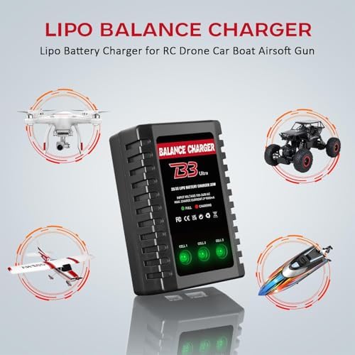 Cargador de batería LiPo 2S-3S, cargador de equilibrio RC AC 7.4-11.1V Versión de actualización Cargador compacto de coche RC para batería de enchufe XHR