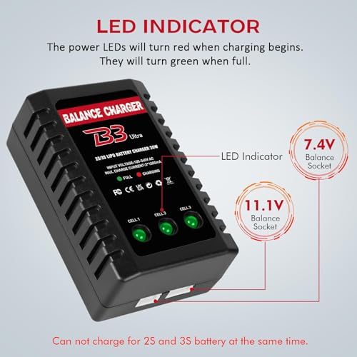 Cargador de batería LiPo 2S-3S, cargador de equilibrio RC AC 7.4-11.1V Versión de actualización Cargador compacto de coche RC para batería de enchufe XHR