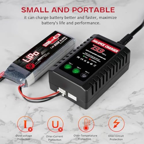Cargador de batería LiPo 2S-3S, cargador de equilibrio RC AC 7.4-11.1V Versión de actualización Cargador compacto de coche RC para batería de enchufe XHR