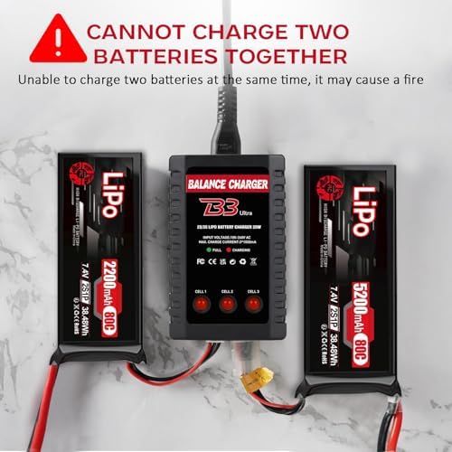 Cargador de batería LiPo 2S-3S, cargador de equilibrio RC AC 7.4-11.1V Versión de actualización Cargador compacto de coche RC para batería de enchufe XHR