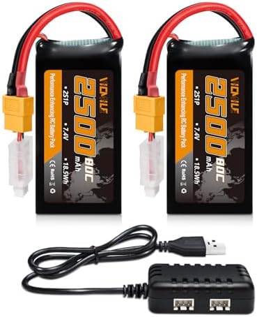 2S Lipo Battery 2500mAh 7 4V 80C High Discharge Rate Shorty Pack RC Batteries with XT60 Plug Fit for RC Airplane FPV Quadcopter Helicopter Drone Racing RC Hobby Model with 1TO2 Charger