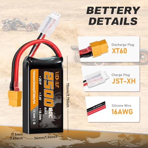 2S Lipo Battery 2500mAh 7 4V 80C High Discharge Rate Shorty Pack RC Batteries with XT60 Plug Fit for RC Airplane FPV Quadcopter Helicopter Drone Racing RC Hobby Model with 1TO2 Charger