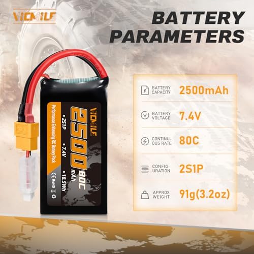 2S Lipo Battery 2500mAh 7 4V 80C High Discharge Rate Shorty Pack RC Batteries with XT60 Plug Fit for RC Airplane FPV Quadcopter Helicopter Drone Racing RC Hobby Model with 1TO2 Charger