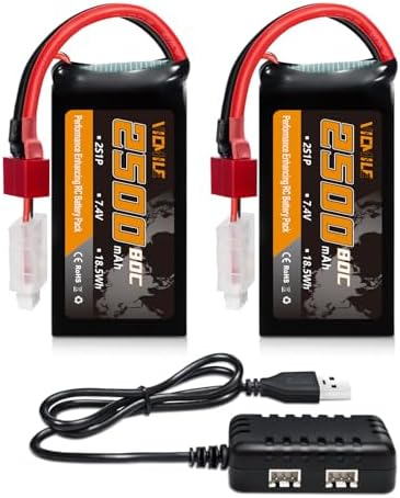 2S Lipo Battery 2500mAh 7 4V 80C High Discharge Rate Shorty Pack RC Batteries with XT60 Plug Fit for RC Airplane FPV Quadcopter Helicopter Drone Racing RC Hobby Model with 1TO2 Charger