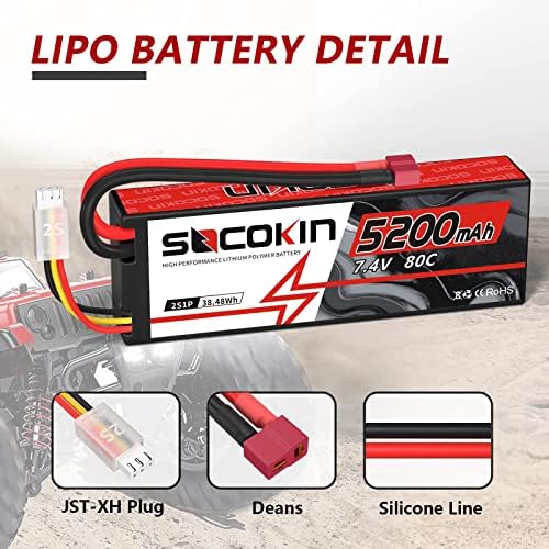 2S Lipo Battery 7 4V 5200mAh 80C Battery with Hard Case T Plug for RC Evader BX Car Buggy Boat Drones 1/10 Scale Racing Truck Racing Heli Airplane