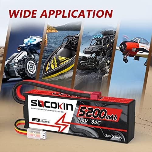 2S Lipo Battery 7 4V 5200mAh 80C Battery with Hard Case T Plug for RC Evader BX Car Buggy Boat Drones 1/10 Scale Racing Truck Racing Heli Airplane