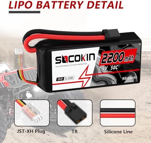 2S Lipo Battery 7 4V 50C 2200mAh Lipo Battery with TR Connector Plug Soft Shorty Case for RC Car Truck Boat Truggy FPV Drone Quadcopter UAV Airplane Helicopter  2 Pack