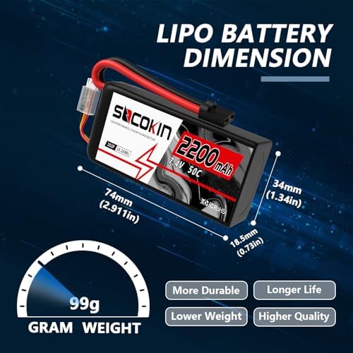 2S Lipo Battery 7 4V 50C 2200mAh Lipo Battery with TR Connector Plug Soft Shorty Case for RC Car Truck Boat Truggy FPV Drone Quadcopter UAV Airplane Helicopter  2 Pack