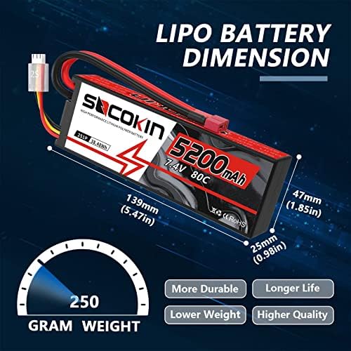 2S Lipo Battery 7 4V 5200mAh 80C Battery with Hard Case T Plug for RC Evader BX Car Buggy Boat Drones 1/10 Scale Racing Truck Racing Heli Airplane