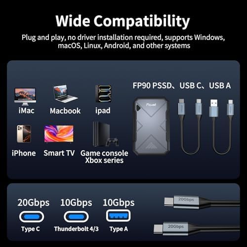 2TB Portable SSD  Up to 2050MB/s  USB 3 2 Gen2 USB C  IP68 Water & Dust Resistant  Shockproof  External Solid State Drive for Smart TV  Cameras  iPhone 16/15  Windows  Mac and Other Devices  FP90 