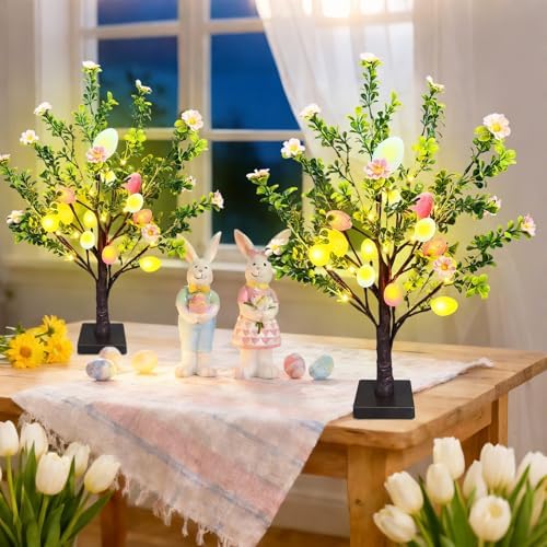 2 Pack 22 Lighted Easter Tree Decorations with 24 Pink Flowers & 24 Eggs  Battery Operated Tabletop Artificial Spring Tree with Timer  DIY Prelit Easter Decor for Home Indoor Centerpiece