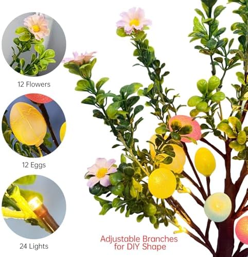 2 Pack 22 Lighted Easter Tree Decorations with 24 Pink Flowers & 24 Eggs  Battery Operated Tabletop Artificial Spring Tree with Timer  DIY Prelit Easter Decor for Home Indoor Centerpiece