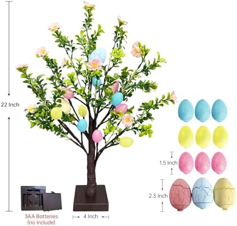 2 Pack 22 Lighted Easter Tree Decorations with 24 Pink Flowers & 24 Eggs  Battery Operated Tabletop Artificial Spring Tree with Timer  DIY Prelit Easter Decor for Home Indoor Centerpiece