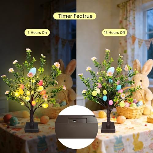2 Pack 22 Lighted Easter Tree Decorations with 24 Pink Flowers & 24 Eggs  Battery Operated Tabletop Artificial Spring Tree with Timer  DIY Prelit Easter Decor for Home Indoor Centerpiece