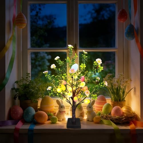 2 Pack 22 Lighted Easter Tree Decorations with 24 Pink Flowers & 24 Eggs  Battery Operated Tabletop Artificial Spring Tree with Timer  DIY Prelit Easter Decor for Home Indoor Centerpiece