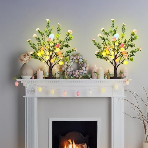 2 Pack 22 Lighted Easter Tree Decorations with 24 Pink Flowers & 24 Eggs  Battery Operated Tabletop Artificial Spring Tree with Timer  DIY Prelit Easter Decor for Home Indoor Centerpiece
