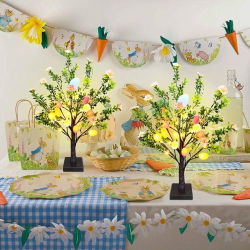 2 Pack 22 Lighted Easter Tree Decorations with 24 Pink Flowers & 24 Eggs  Battery Operated Tabletop Artificial Spring Tree with Timer  DIY Prelit Easter Decor for Home Indoor Centerpiece
